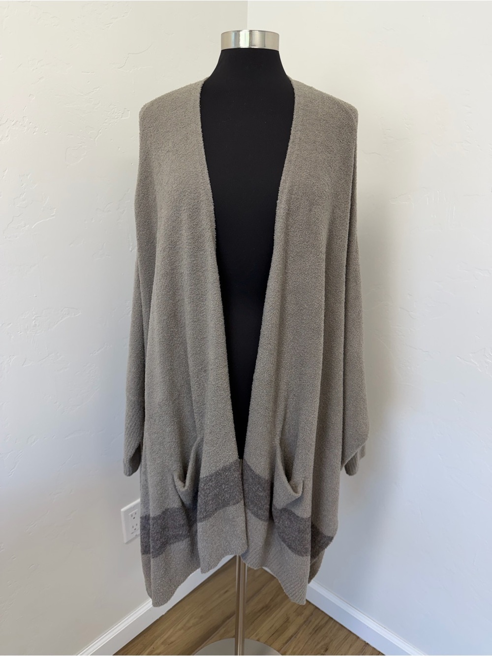 Barefoot Dreams CozyChic Cliffside Open-Front Taupe Cardigan O/S Plus